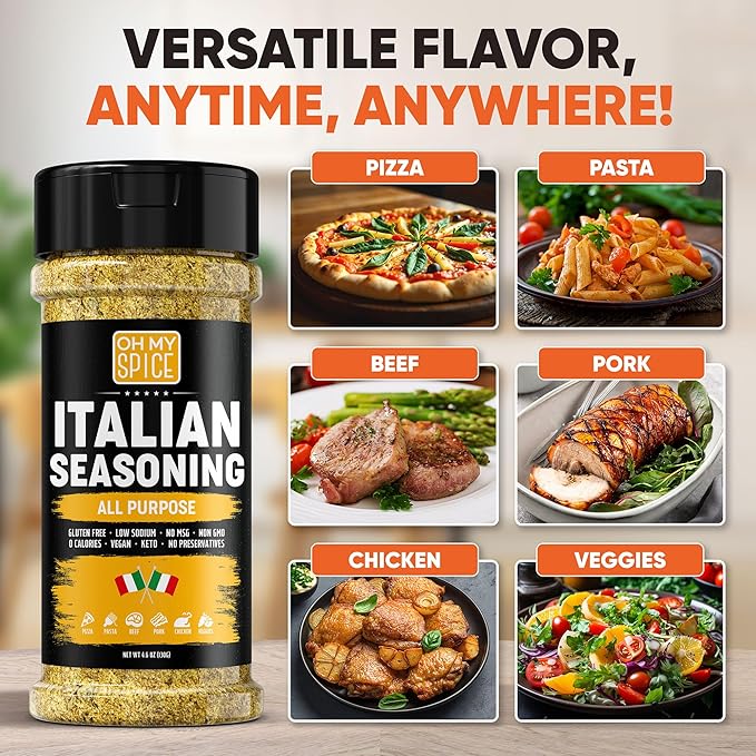 Italian Seasoning Blend All Purpose Seasoning Mix - Gluten Free & Low Sodium Pizza Seasonings for Bruschetta & Spaghetti. Mediterranean Everything Spice Herbs for Italian Food. Pizza Toppings. 4.6oz