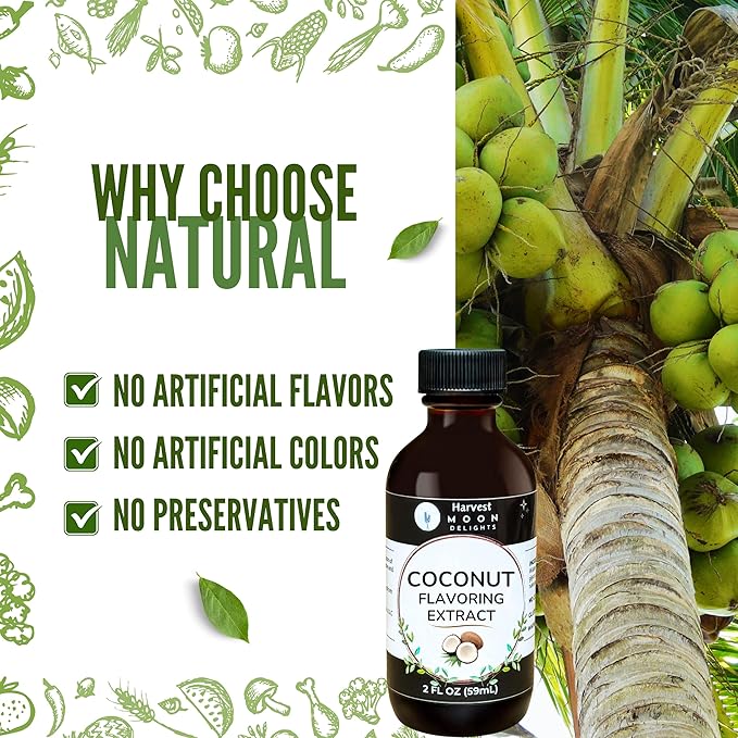 Natural Coconut Extract - 2 oz - Water-Soluble - By Harvest Moon Delights - Coconut Extract for Baking, Ice Cream, Drinks, and Candy - Flavoring - Sugar Free