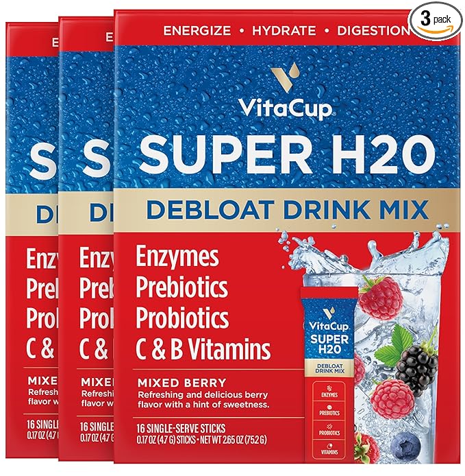 VitaCup Super H2O Bloating Relief and Digestive Health Drink Mix Packets, Probiotics, Prebiotics, C & B Vitamins, Mixed Berry Flavor Water Enhancer Packets, 48 Ct