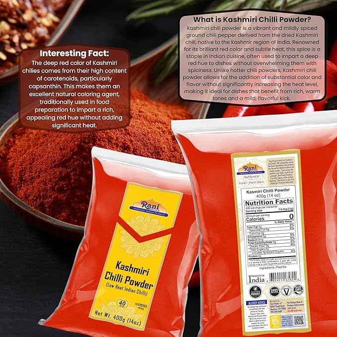 Rani Kashmiri Chilli Powder (Deggi Mirch, Low Heat) Ground Indian Spice 14oz (400g) ~ All Natural, Salt-Free | Vegan | No Colors | Gluten Friendly | NON-GMO | Kosher | Indian Origin