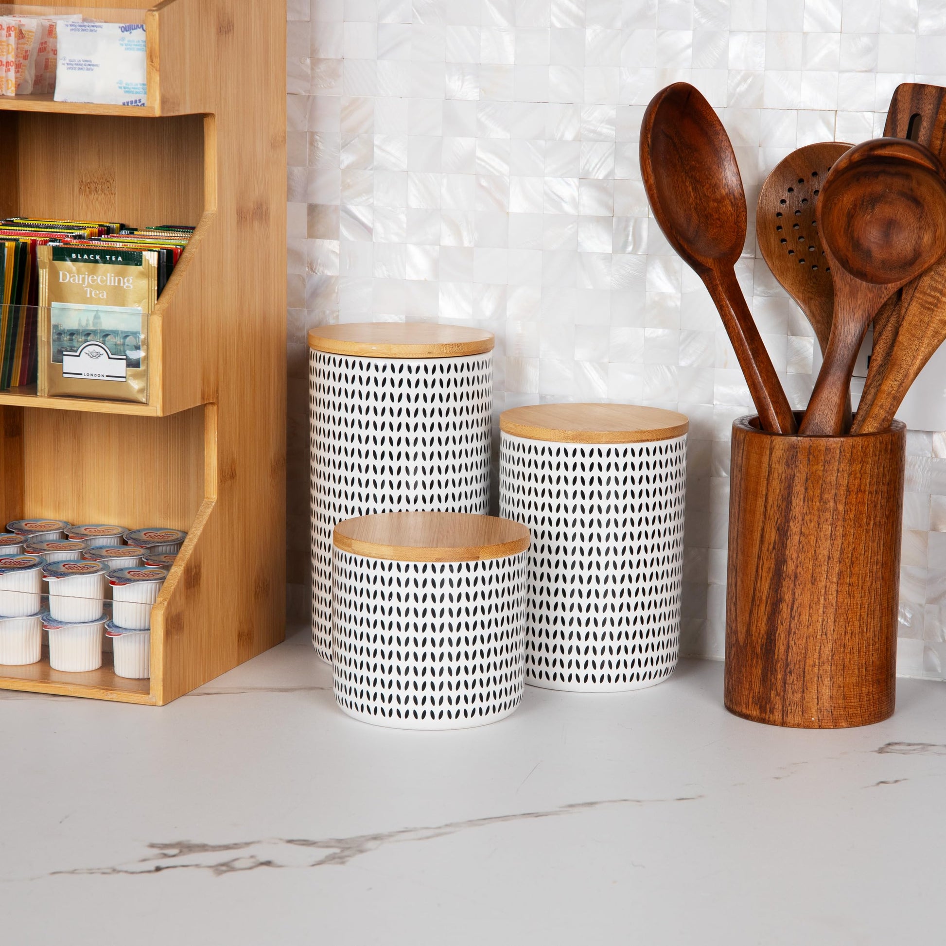Mind Reader 3-Piece Canister Set, Sugar Container, Coffee Storage, Lids, Kitchen, Ceramic, 4"L x