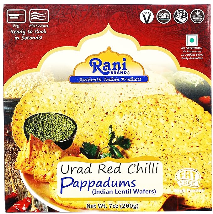 Rani Pappadums (Indian Lentil Wafer Snack) Red Chilli Papad 7oz (200g) Approximately 15pc, 7 inches ~ All Natural | Gluten Friendly | NON-GMO | Vegan | Indian Origin