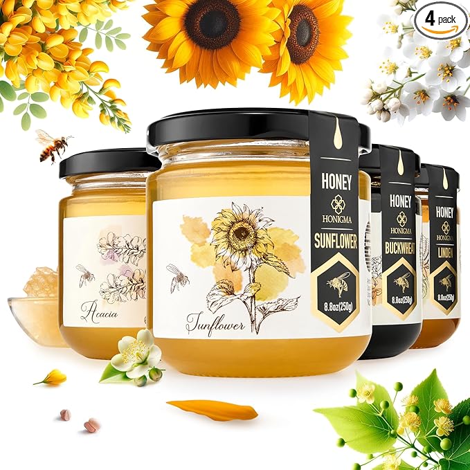 HONIGMA® Raw Honey | Exquisite Taste | 100% Pure | Unpasteurized | Unfiltered | Partially crystallized | 8.8 Fl Oz (Pack of 4)