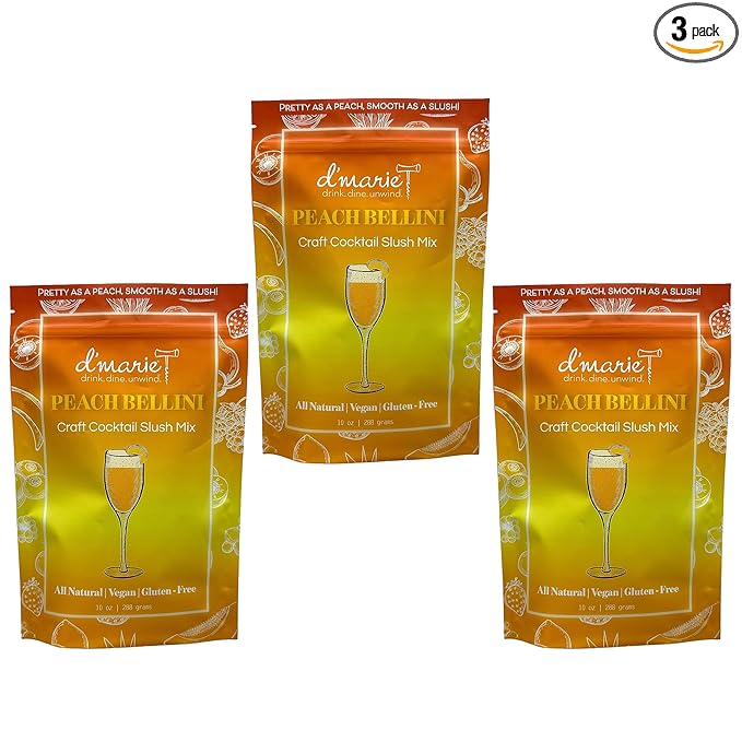 Frozen Cocktail Drink Mix - Each Bag Makes 10 Peach Bellini Slushies - Drink Powder Pouches for Alcohol - All Natural Low Sugar Mixer, No Blender Needed, 3 Pack