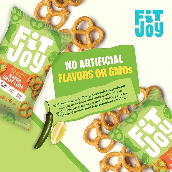 FitJoy Hatch Chile Lime Pretzels (Pack of 6, 5 Oz) - Dairy, Nut & Gluten Free Snacks - Grain Free Cassava Root & Chickpea Flour Vegan Pretzel Twists - Classic Snack Pretzels for Moms and More