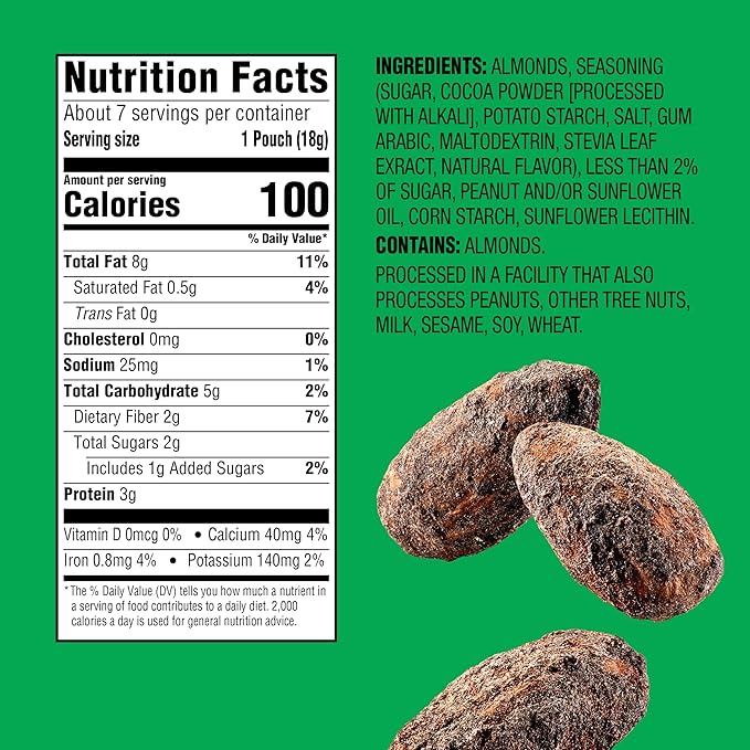 Emerald Nuts Cocoa Roast Almonds 7 Ct (1-Pack), 100-Calorie Individual Packs, Kosher Certified, Non-GMO, Contains No Artificial Preservatives, Flavors or Synthetic Colors