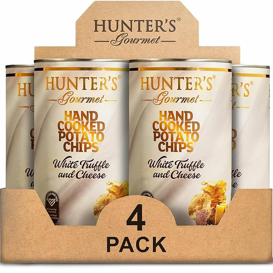 Hunter's Gourmet Crisps | Made with 100% Sunflower Oil | No Artificial Colors | Preservative-Free | White Truffle & Cheese | Backpack Friendly | Gourmet Cheese Snacks | Halal | Pack of 4 | 150g