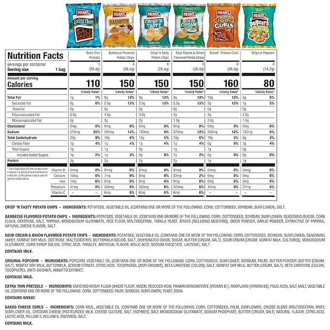 Herr?셲 Snacks Variety Pack, Potato Chips, Pretzels, Popcorn, Cheese Curls, 26oz Box (28 Bags)
