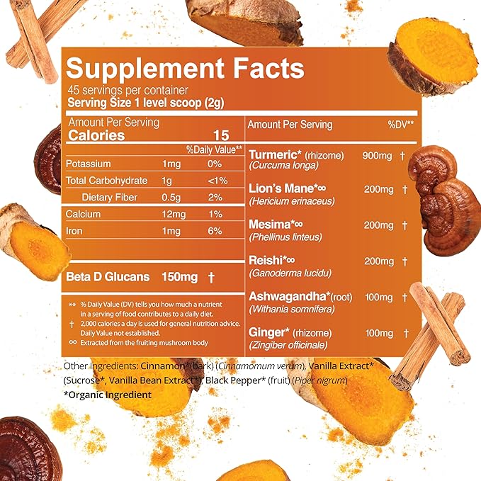 Organic Ceylon Cinnamon & Turmeric Latte Powder ??USDA Organic, Fair-Trade, Non-GMO, with Ashwagandha, Lion???Mane, Ginger ??Perfect for Cooking, Golden Milk, Smoothies & Tea