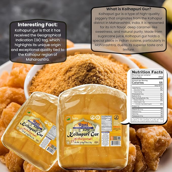 Rani Kolhapuri Gur (Jaggery) 70oz (4.4lbs) 2kg ~ Unrefined Cane Sugar, No Color added, Gluten Friendly | Vegan | NON-GMO | Kosher | No Salt or fillers