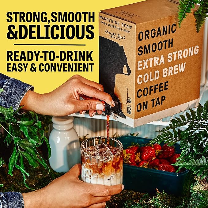 Wandering Bear Organic Caramel Cold Brew Coffee On Tap, 96 fl oz - Extra Strong, Bold, Smooth, Unsweetened, Shelf-Stable, Ready to Drink, Gluten Free, & Vegan, Iced Cold Brewed Coffee Drinks