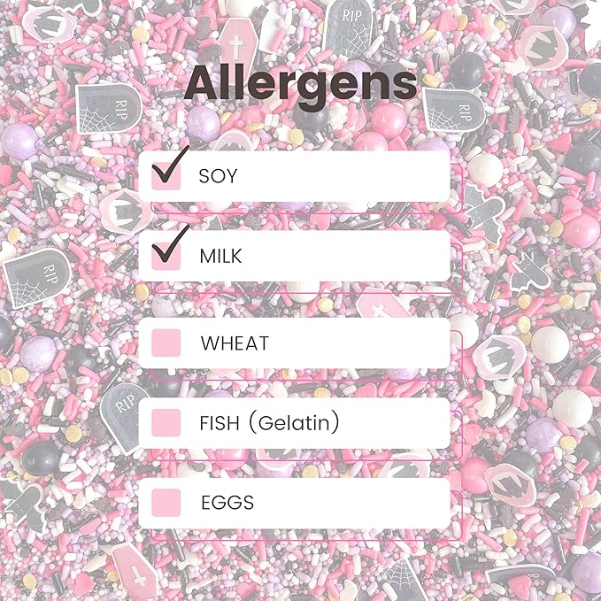 Sprinkle Pop Drop Dead Gorgeous Sprinkle Mix| Black White Purple Pink Sprinkles with ~20 Pink Caskets Bats Fangled Lips Tombstones Wafer Paper| Halloween Sprinkles Made in USA For Cakes Cupcakes,4oz