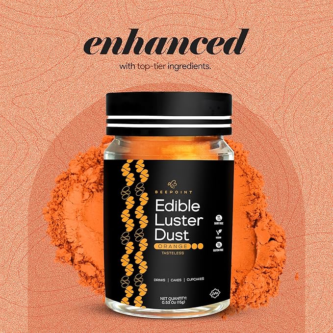 BeePoint Orange Edible Luster Dust 15g - Food Grade, Vibrant Color Shimmer Powdered Dust for Drinks, Cocktails, Cake Decorating, Baking, Chocolates, Candy, Sweets, & Cookies - Vegan & Gluten Free