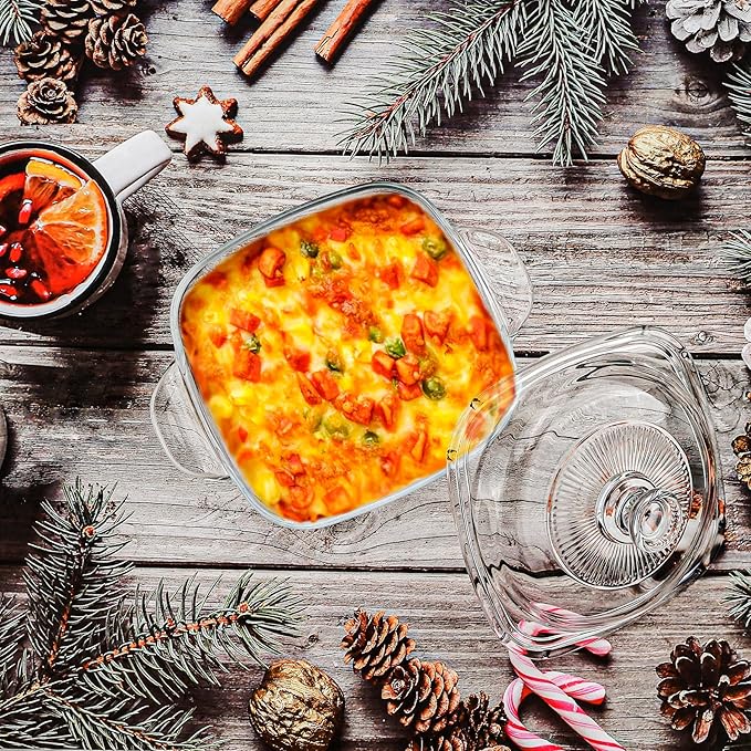 1L Glass Casserole Dish with Lid - Small Square Casserole Dish - 5.9 inch Microwave Bowl Cookware (33 oz)