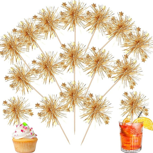 Rsstarxi 30 Pack Birthday Cupcake Toppers Gold Firework Cupcake Toppers Sparkle Tinsel Flower Drink Stirrers Cocktail Food Toothpicks for Valentine's Day Party Cake Decorations