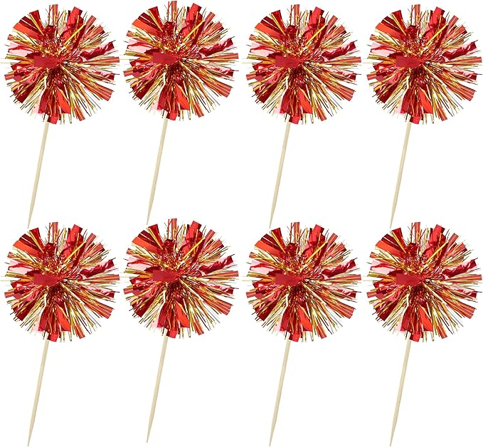 Ephlyn 30Pcs Foil Firework Cupcake Toppers Sparkle Tinsel Drink Birthday Cake Decorations Cocktail Food Fruit Toothpick for New Years Wedding Birthday Party Decorations Gold Red