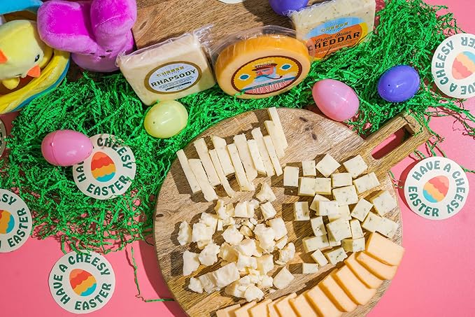 Cheese Bros "Have a Cheesy Easter" Gift Box | Fresh from Wisconsin | Includes Dill Havarti, Assorted Cheddars, Adelheid, Cherry Jam and Sea Salt Caramels | Food Gifting Idea