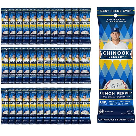 Chinook Seedery Roasted Sunflower Seeds to Eat - 1.5 oz (Pack of 36) Lemon Pepper - Jumbo Low Sodium Sunflower Seeds Keto Snacks - Adventure, Baseball, School Snacks - Gluten Free, Non GMO Snacks