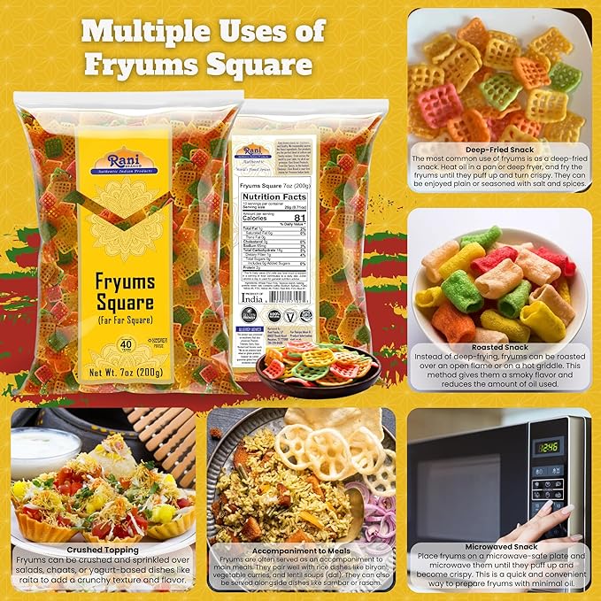 Rani Far Far / Fryums (Wheat & Tapioca Pellet) Square Shape 7oz (200g) ~ Vegan, Kosher, Uncooked, Used to Make Papad, Bhungra / Chip Snack