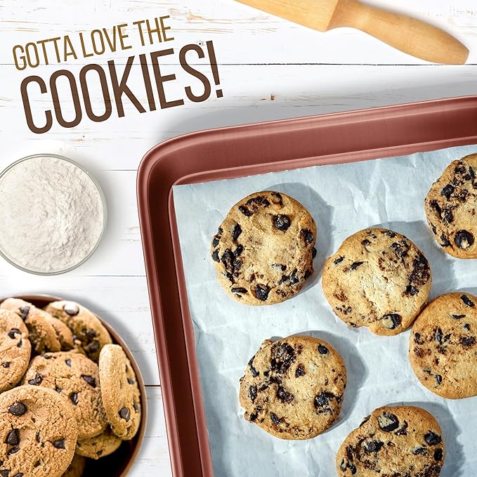 NutriChef 2-Piece Nonstick Cookie Sheets for Baking - Premium Medium & Large Size Baking Sheet Set - Thick Carbon Steel Bakeware Trays - Dishwasher Safe, Rose Gold