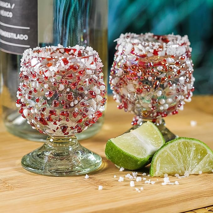Authentic Mexican Tequila Shot Glasses (Set of 4) - Hand Blown 2oz Mini Snifters - Festive Red & White Stone Blend, Heavy Base