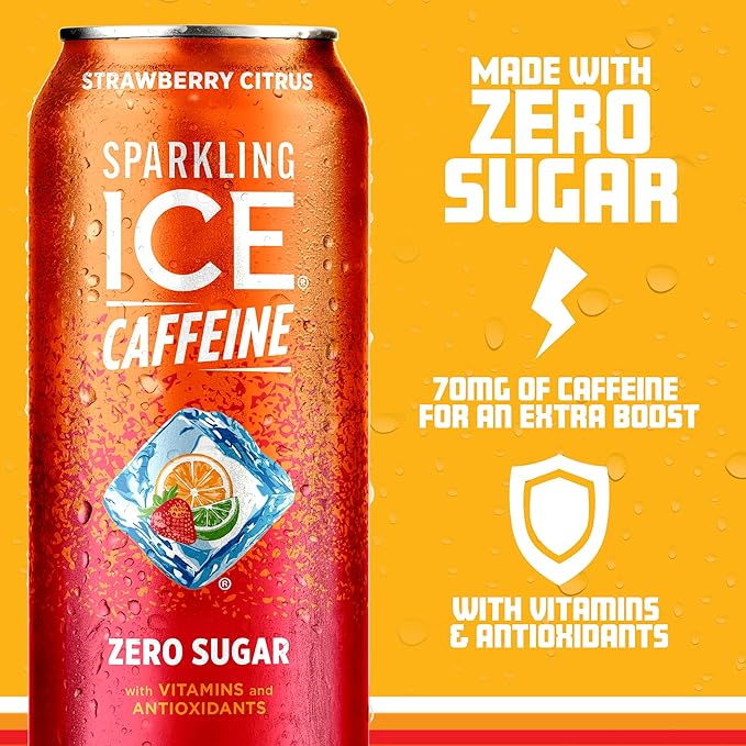 Sparkling Ice Caffeine Strawberry Citrus Sparkling Water with Caffeine, Zero Sugar, with Antioxidants and Vitamins,16 fl oz Cans (Pack Of 12)