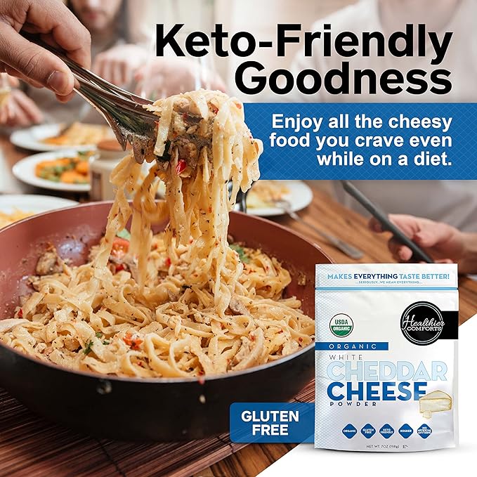 Healthier Comforts Organic White Cheddar Cheese Powder | Gluten Free, Kosher, Keto-Friendly, Non-GMO, Antibiotic & Hormone Free | Perfect for Popcorn Seasoning, Mac and Cheese, Pasta & Sauces (7 oz)