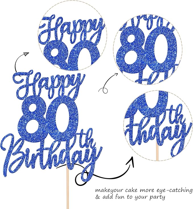 1 PCS Happy 80th Birthday Cake Topper Glitter Cheers to 80 Years Birthday Cake Pick Eighty Hello 80 Fabulous Cake Decoration for Happy 80th Birthday Anniversary Party Decorations Supplies Blue