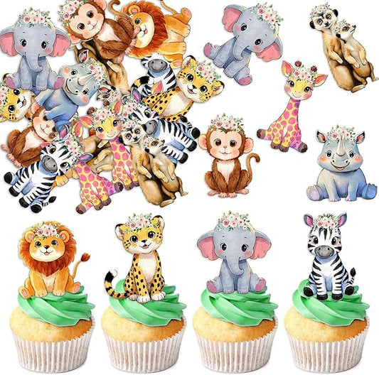 40Pcs Edible Floral Jungle Safari Animal Cupcake Toppers Wafer Paper Safari Theme Cake Toppers Decoration for Animal Drink Topper Birthday Party Decoration