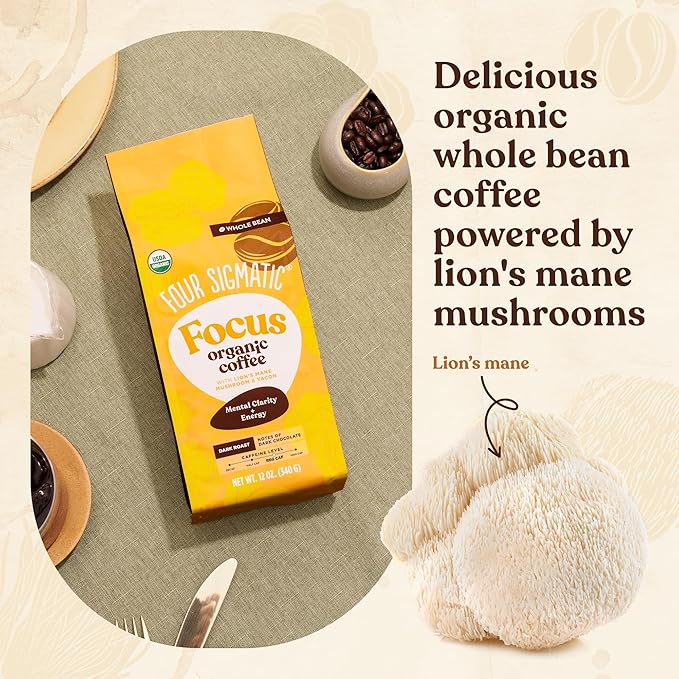 Four Sigmatic Dark Roast Organic Whole Bean Coffee | Gourmet Nootropic Mushroom Coffee Beans with Lion's Mane & Chaga Mushrooms for Enhanced Brain Function and Immune Support | 12oz