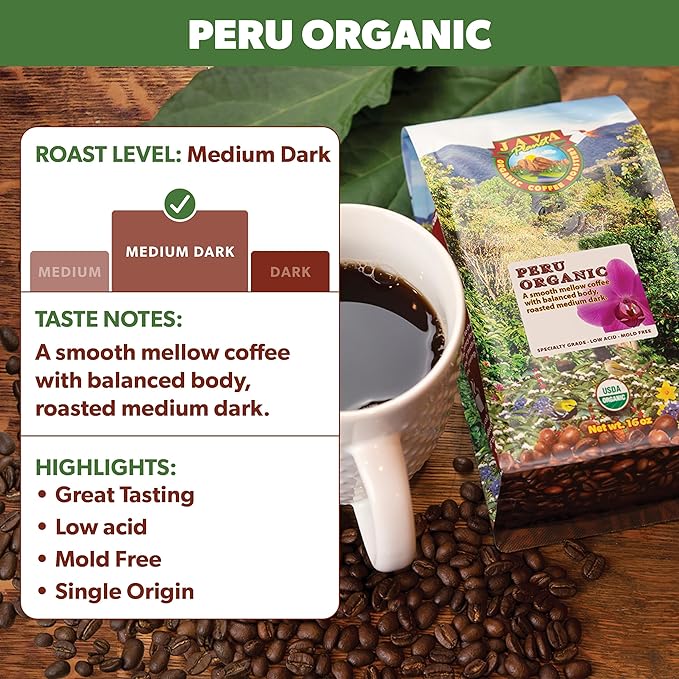 Low Acid Organic Coffee ??Whole Bean, Mold-Free & Stomach Friendly by Java Planet, Peruvian Single Origin Coffee, Medium Dark Roast, Smooth Full Flavored, 5LB Bag