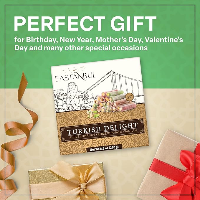 Eastanbul Turkish Delight, 8.8oz, Turkish Delights Candy Sticks Pistachio Filled w/ 4 Flavors: Apple, Orange, Pomegranate, Vanilla, International Candy, Wick Lokum, Vegan Gift