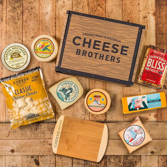 Cheese Bros Family Fest Gift Box with 8 Inch Cutting Board | Fresh from Wisconsin | Includes Baked Bliss, Assorted Cheddar and Gouda Cheeses, Cheese Curds, Alpine-Style Adelheid | Family Gifting Idea