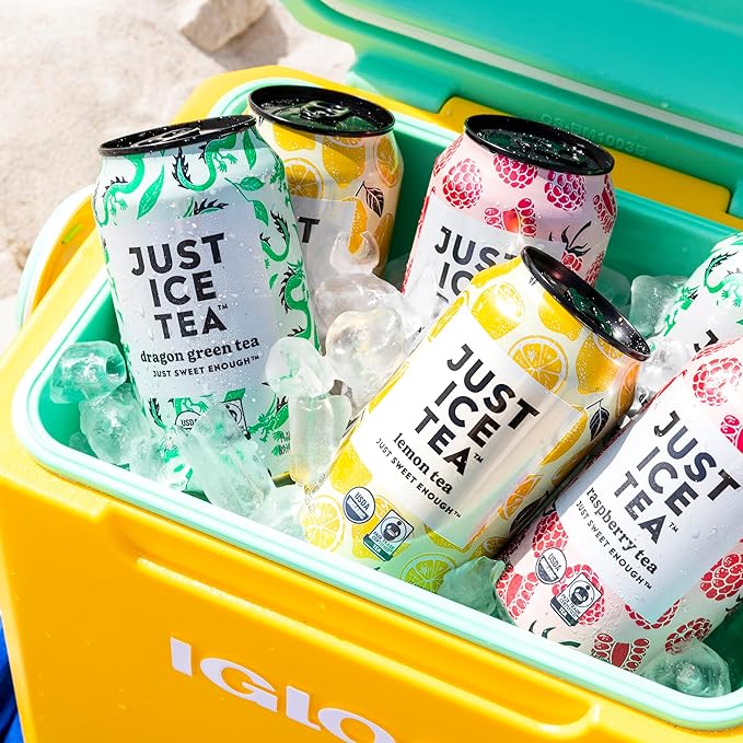 Just Ice Tea, Raspberry Flavored Black Iced Tea, 24-Pack (12oz Cans), USDA Certified Organic, Low Calorie, No Artificial Sweeteners, Fair Trade, Made in USA.
