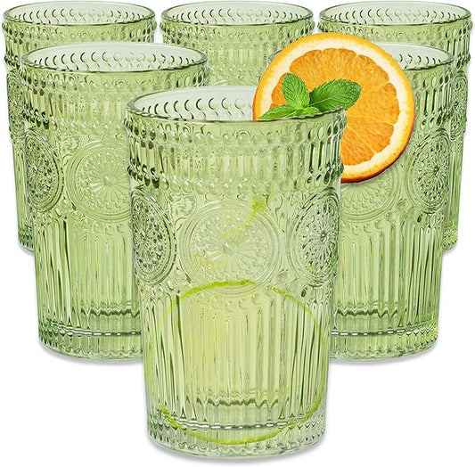 Vintage Ribbed Green Drinking Glasses Set of 6-13 oz Embossed Glass Cups for Water, Iced Tea, Cocktails - Colored Glassware for Kitchen, Vintage Tumblers, Cute Glass Cups, Boho Drinkware