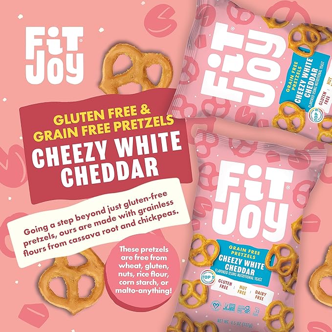 FitJoy White Cheddar Pretzels (Pack of 6, 4.5 Oz) - Dairy, Nut & Gluten Free Snacks - Grain Free Cassava Root & Chickpea Flour Vegan Pretzel Twists - Classic Snack Pretzels for Moms and More