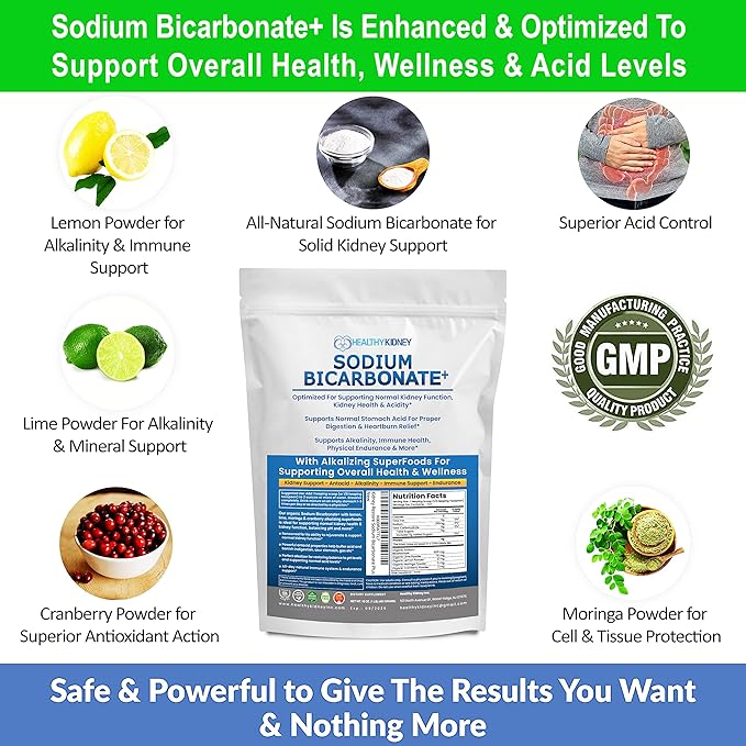 Organic Use Sodium Bicarbonate Alkaline Supplement for Alkalinity. Support Kidneys & Stomach Acid Neutralizer w/Alkaline Superfoods. Sodium Bicarbonate Powder Kidney Immune Support Antacid Sports 1LB