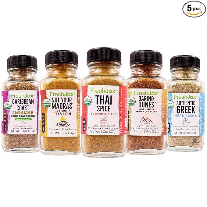 Freshjax International Spices Gift Set | 5 Sampler Sized Organic Spices and Seasonings | World of Flavors Seasoning Gift Set | Grilling Christmas Gifts for Men Packed in a Giftable Box
