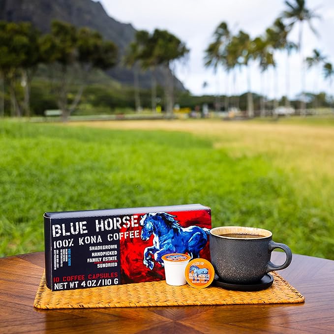 Blue Horse 100% Kona Coffee Pods, Medium Roast, 10ct Single Serve, Compatible with K Cups 2.0, Farm Fresh, Authentic Arabica Beans from Hawaii’s Big Island with a Smooth, Rich Flavor