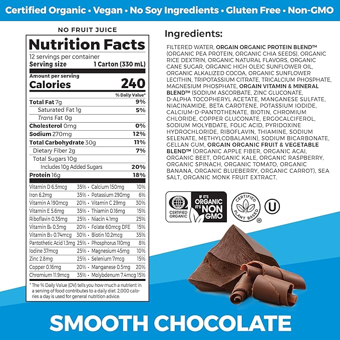 Orgain Organic Nutritional Vegan Protein Shake, Smooth Chocolate - 16g Plant Based Protein, Meal Replacement, 22 Vitamins & Minerals, Fruits & Vegetables, Gluten Free, Non-GMO, 11 Fl Oz (Pack of 12)