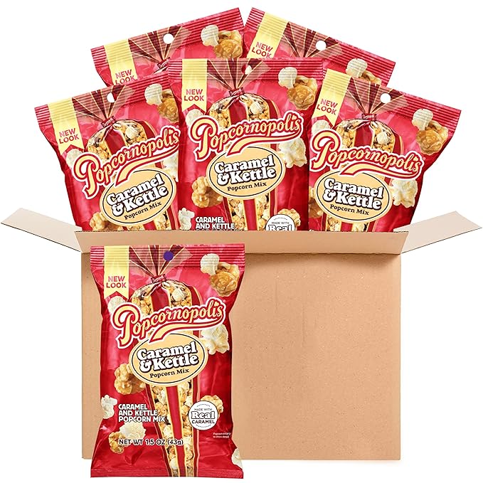 Popcornopolis Caramel & Kettle Mix 6 ct, 1.5 oz Case, Caramel & Kettle Mix Flavored Indulgent Popcorn