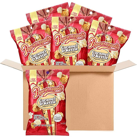 Popcornopolis Caramel & Kettle Mix 6 ct, 1.5 oz Case, Caramel & Kettle Mix Flavored Indulgent Popcorn