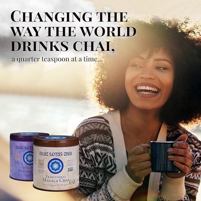 Blue Lotus Chai - Golden Masala Flavor Chai - Makes 100 Cups - 3 Ounce Masala Spiced Chai Powder with Organic Spices - Instant Indian Tea No Steeping - No Gluten