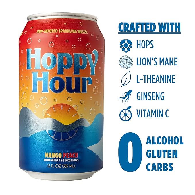 Hoppy Hour Sparkling Hop Water, Non-Alcoholic and Adaptogens Drink, Zero Sugar and Calories, Tasty Topical Mango Peach Flavor, 12 oz Cans (12-Pack)