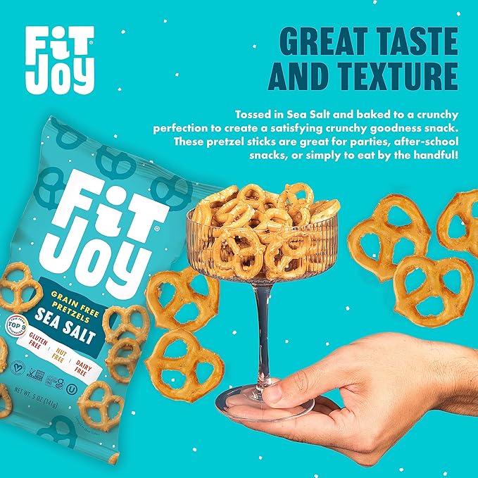 FitJoy Sea Salt Pretzels (Pack of 6, 5 Oz) - Dairy, Nut & Gluten Free Snacks - Grain Free Cassava Root & Chickpea Flour Vegan Pretzel Twists - Classic Snack Pretzels for Moms, Children and More