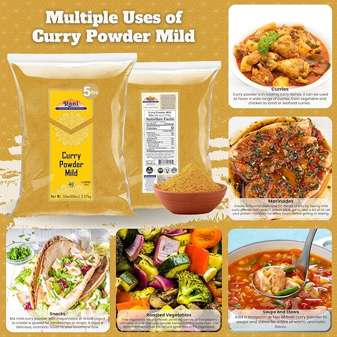 Rani Curry Powder Mild (10-Spice Authentic Indian Blend) 80oz (5lbs) 2.27kg Bulk ~ All Natural | Salt-Free | NO Chili or Peppers | Vegan | No Colors | Gluten Friendly | NON-GMO | Indian Origin