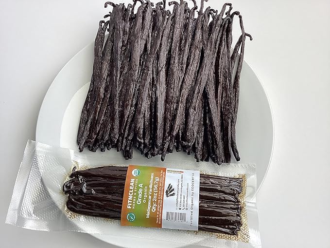 2oz Madagascar Organic Vanilla Beans Gourmet Grade A. Certified USDA Organic 6"-8" by FITNCLEAN VANILLA Bourbon Fresh for Extract, Essence, Brewing, Baking NON-GMO Whole Pods