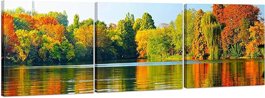 Fall Forest Lake Landscape Canvas Wall Art Decor - 24x24 3 Piece Set (Total 24x72 inch) - Large Decorative & Modern Multi Panel Split Prints for Dining & Living Room, Kitchen, Bedroom & Office