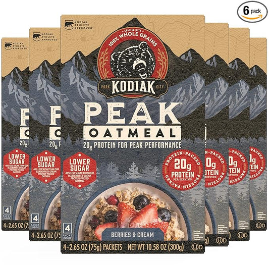 Kodiak Cakes Peak Instant Oatmeal Packets, Berries & Cream, High Protein,100% Whole Grains, 6 box with 4 packets each (Total of 24 packets)