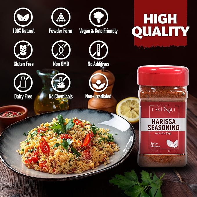 Eastanbul Harissa Seasoning, 6oz, Harissa, Asian Spices and Seasonings, Perfect Spice Blend with Chili Peppers, Paprika, Garlic, Cumin, Coriander, and Cayenne, Very Low Sodium, No MSG, No Filler